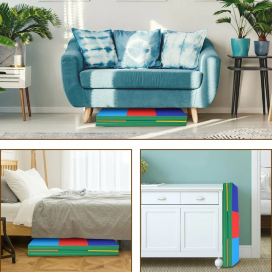 Folded multicolor baby activity floor mat stack with compact 4 in thickness