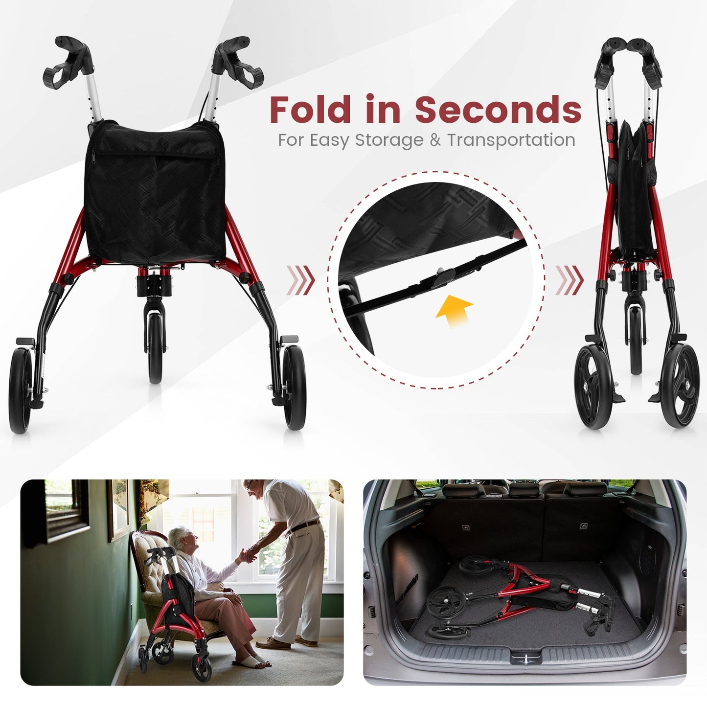 Foldable walking frame with storage features and usage scenarios.