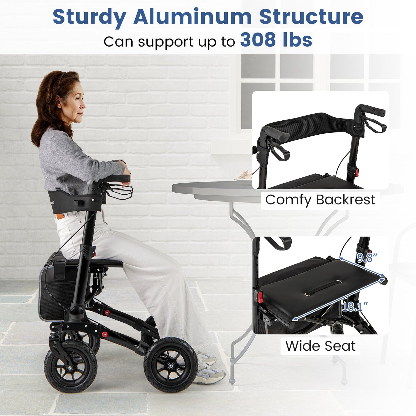 Folding Rollator Walker for Seniors with Seat for All Terrain-Black, with a comfy backrest and wide seat