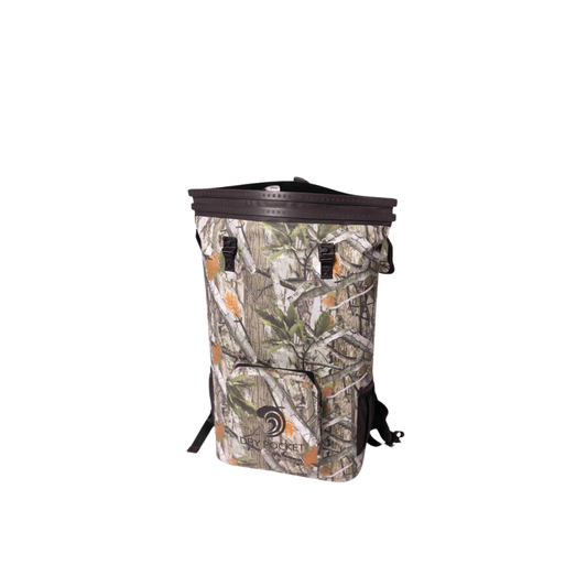 Camouflage roll-top waterproof floating backpack cooler with black webbing carry handles
