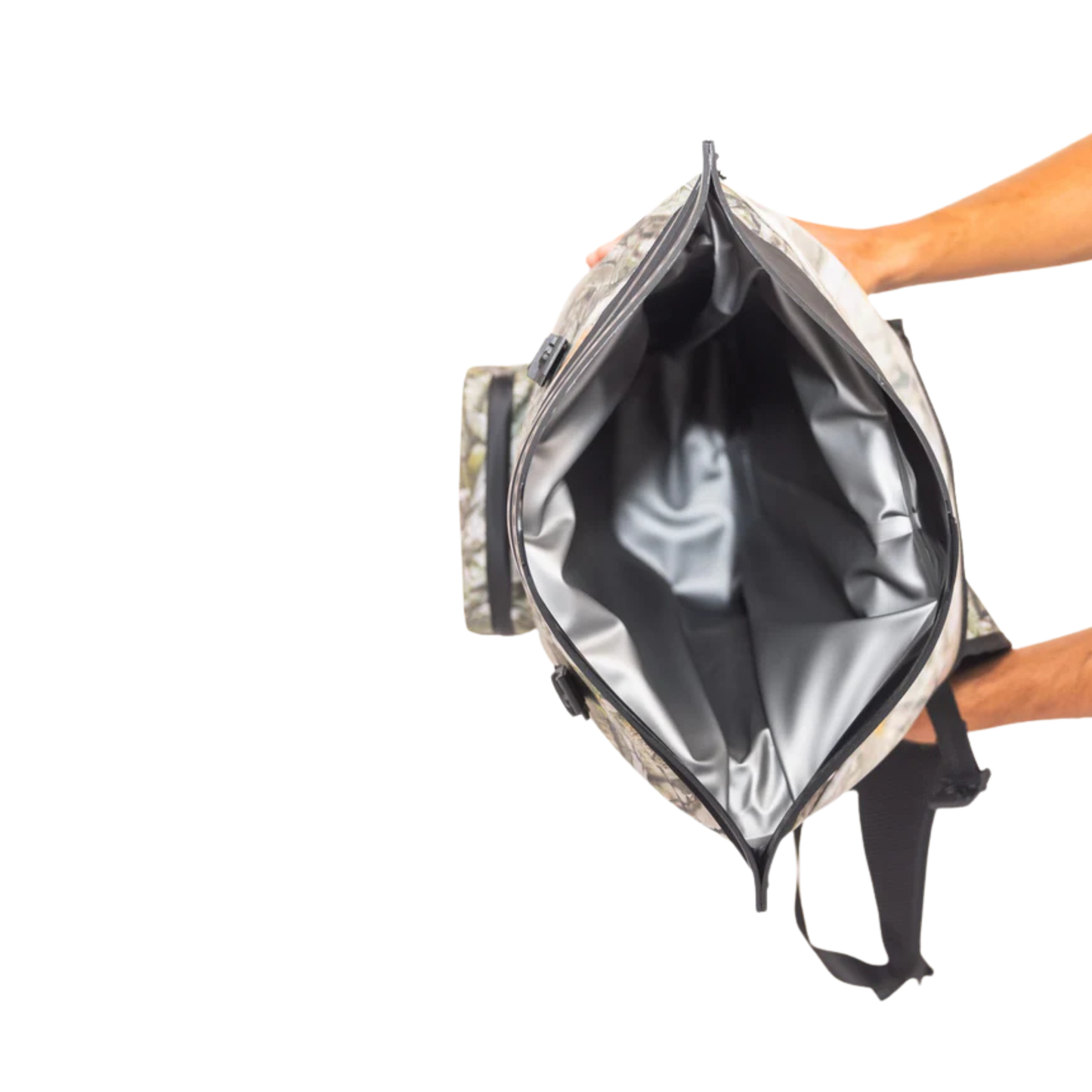 Camouflage waterproof floating backpack cooler with open dry pocket and silver interior liner
