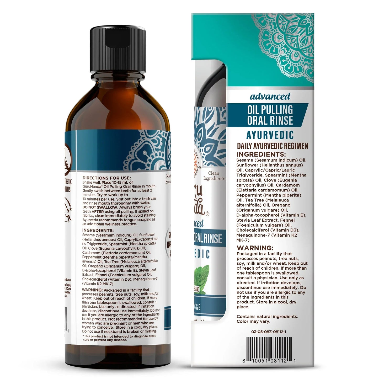 Amber oil pulling bottle with white label and green-and-blue rinse box