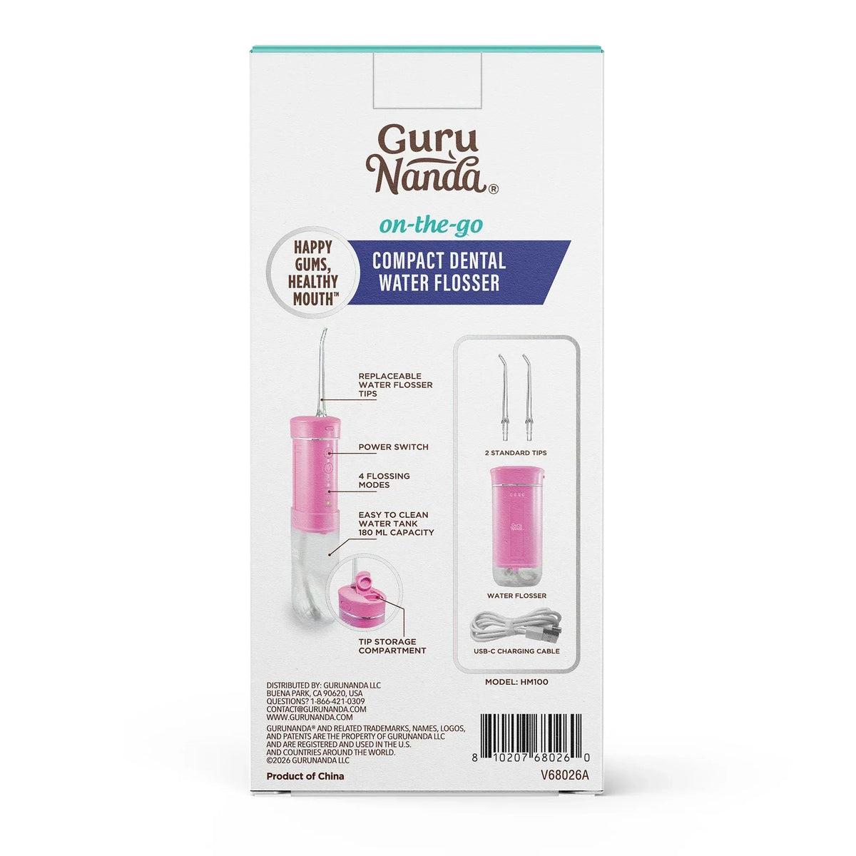 Guru Nanda compact dental water flosser box with pink on-the-go unit