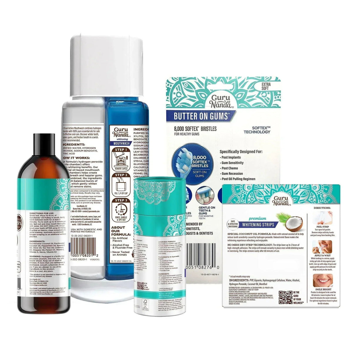 Total Smile Makeover Kit bottles and whitening strip pack in a grouped product layout