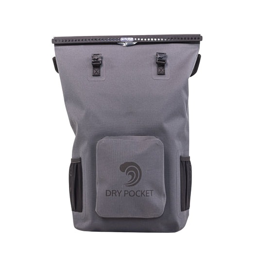 Grey waterproof floating dry backpack with roll-top and Dry Pocket label on front
