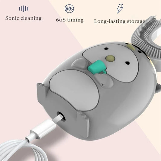 Gray electronic device with a green button on a light pink background, featuring text about sonic cleaning, 60-second timing, and long-lasting storage.