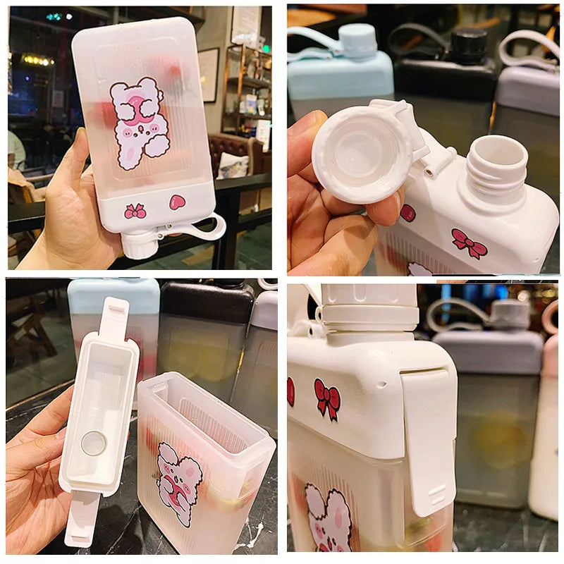 White flat water bottle with lid open and inner spout shown, bunny/bow sticker detail