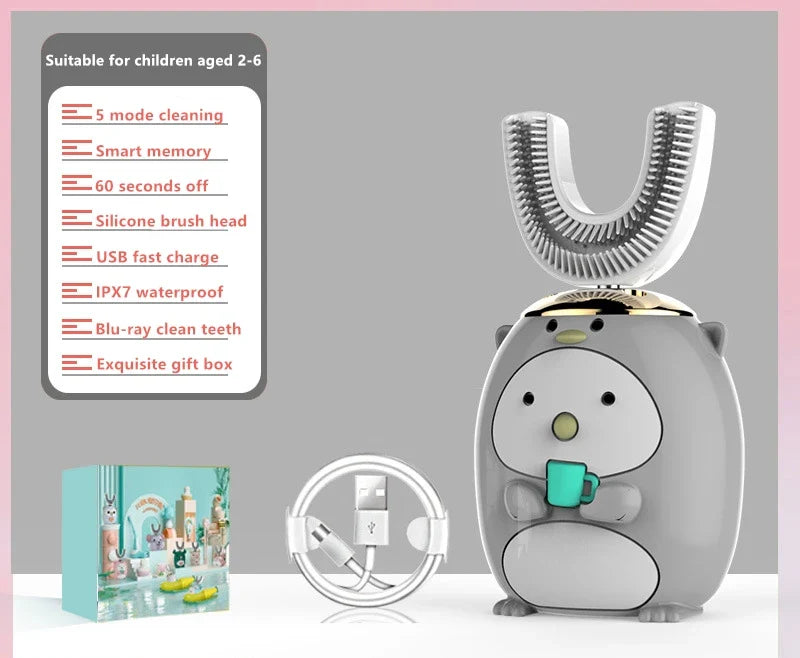 Children's toothbrush with cartoon design on a gray background
