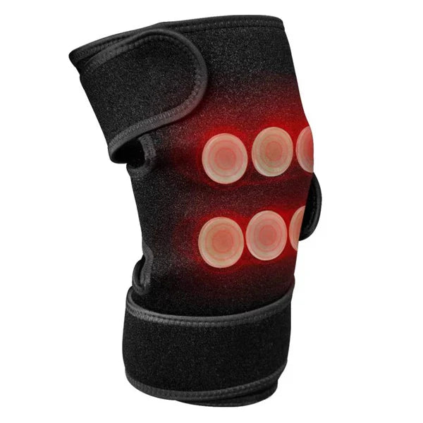 Knee heating pad sleeve with black fabric and red circular heat zones