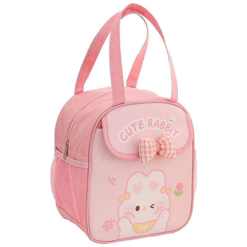 Pink insulated lunch bag with cute rabbit patch and plaid bow on front pouch