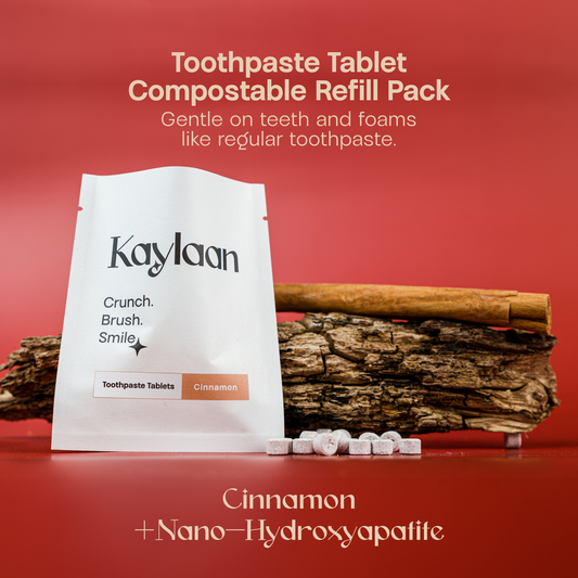 Toothpaste tablet refill pack with Kaylaan pouch and loose cinnamon tablets