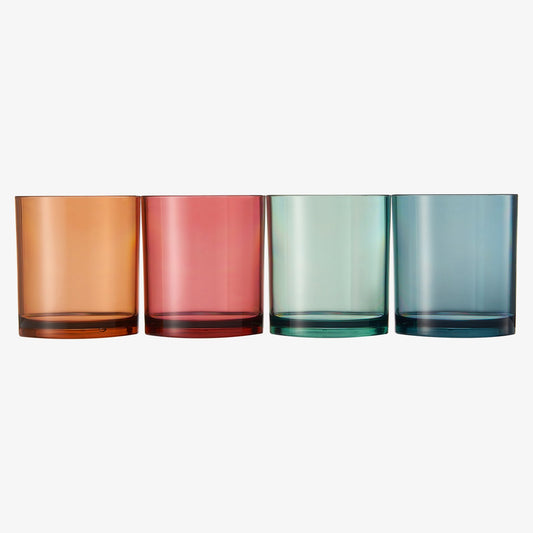 Four acrylic lowball glasses with amber, red, green, and blue translucent colors