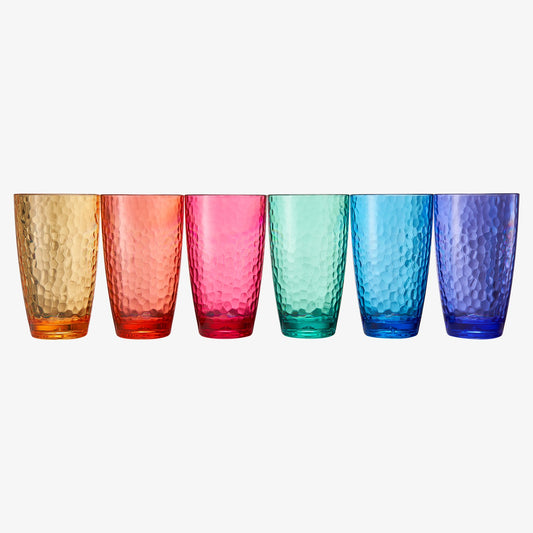 Set of 6 colored acrylic highball glasses with hammered texture, lined up