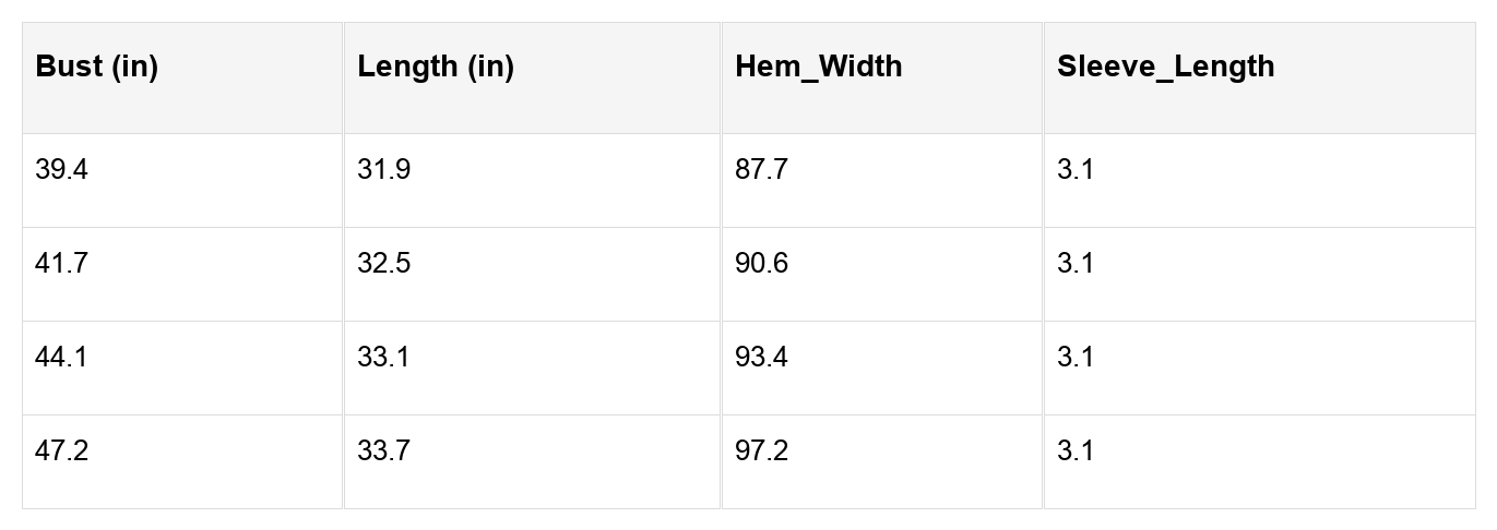 Size chart for tiered mini dress: bust, length, hem width, sleeve length