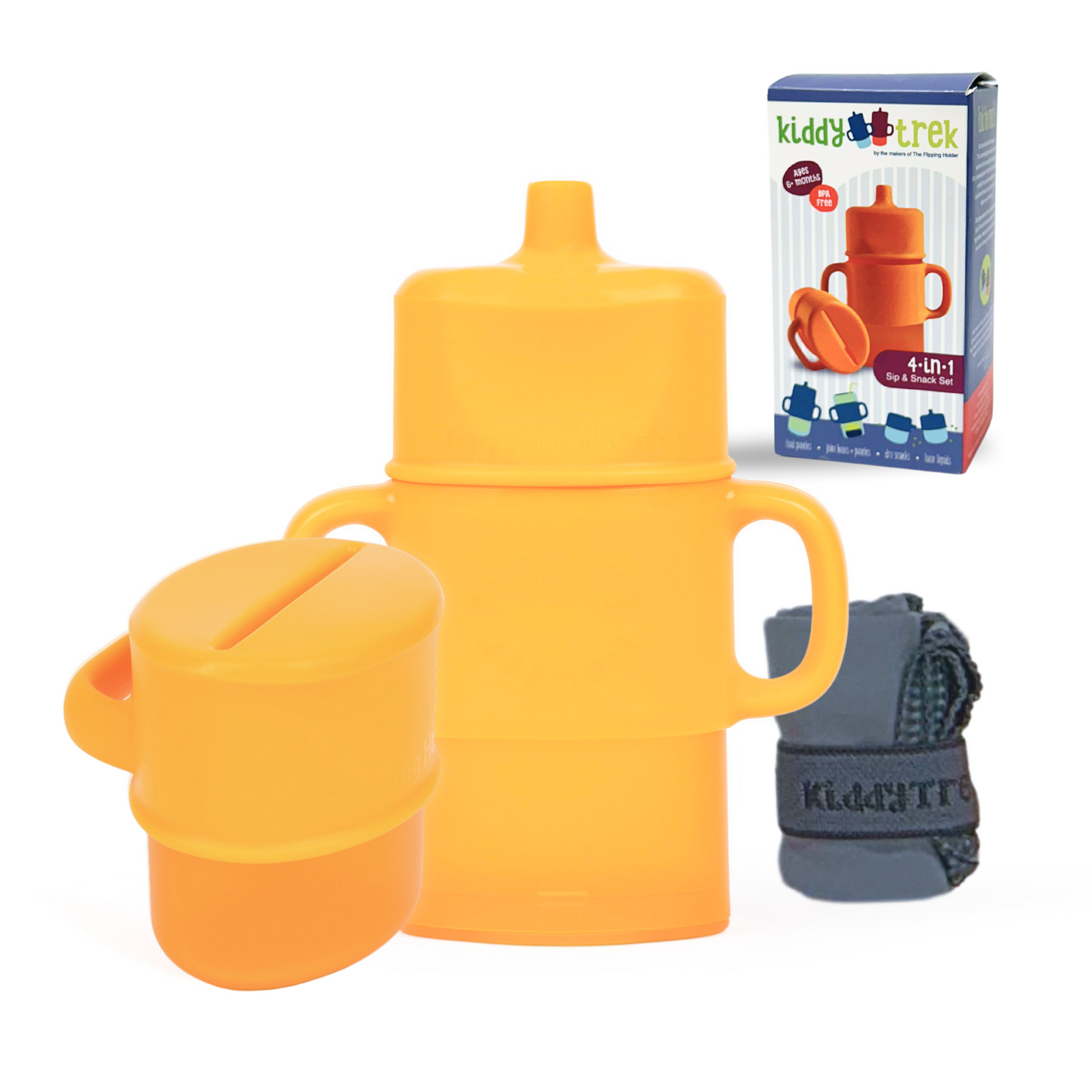 Orange 4-in-1 sip & snack set with snap lid cup, straw holder, and carrying strap.
