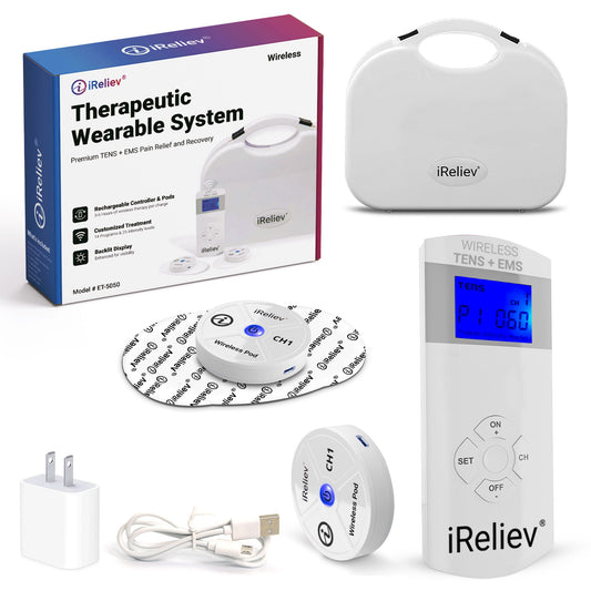 Therapeutic wearable system kit with white carrying case, controller, wireless pods, and electrode pads