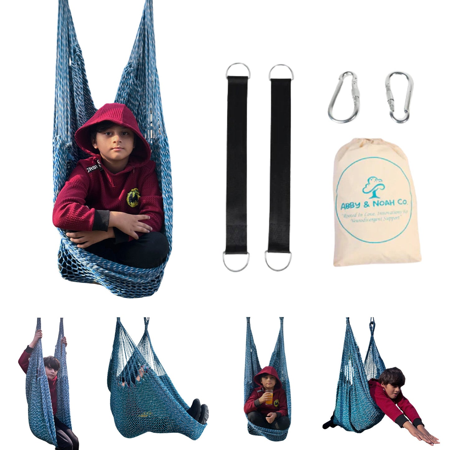 Blue mesh hammock swing with black straps, metal carabiners, and storage bag