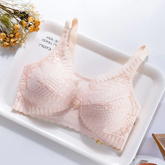 Pink maternity nursing bra with scalloped lace trim and front snap buttons