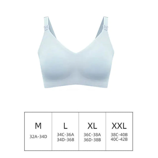 Light blue seamless maternity nursing bra with V-neck and adjustable straps