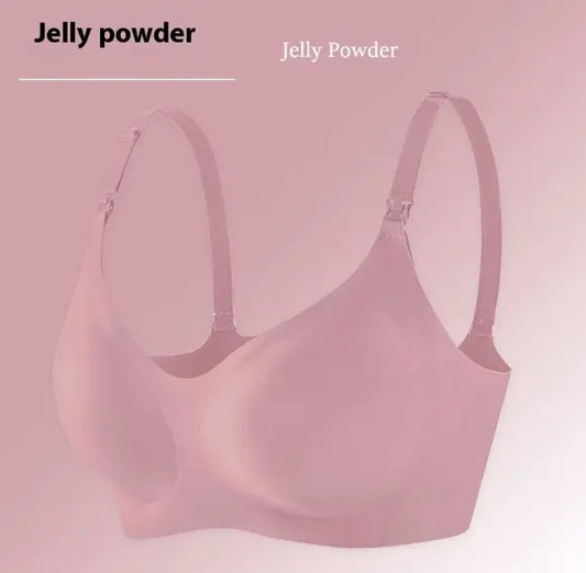 Seamless nursing bra in light pink with wide front neckline and adjustable straps