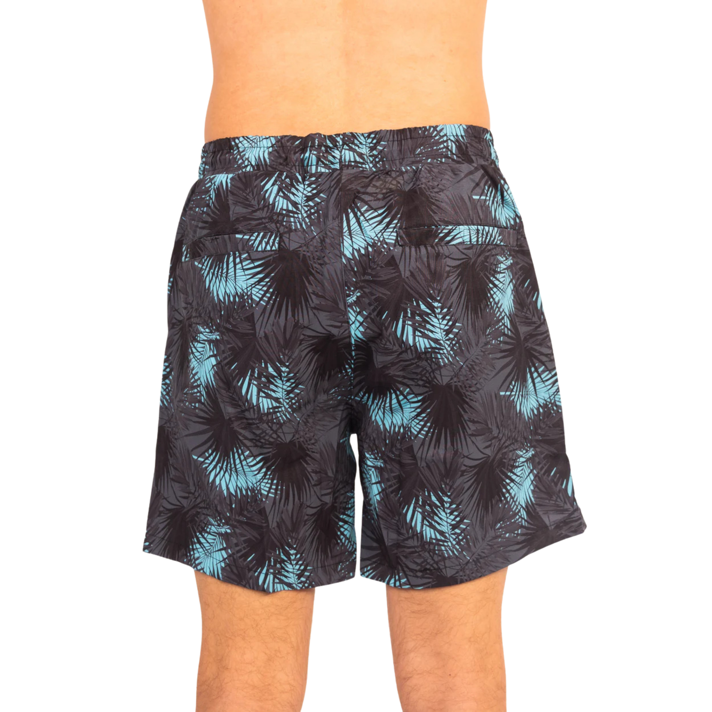 Teal palm-print swim shorts with elastic waistband and back seam detailing