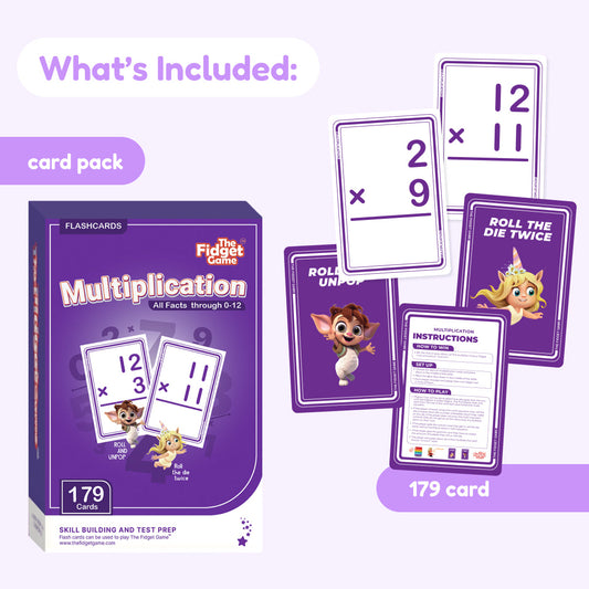 Multiplication flashcards set with box and cards, including 2×9 and 12×11