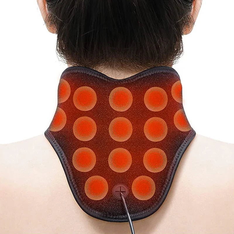 Wearable far infrared heating pad for neck with orange dot pattern and control cord