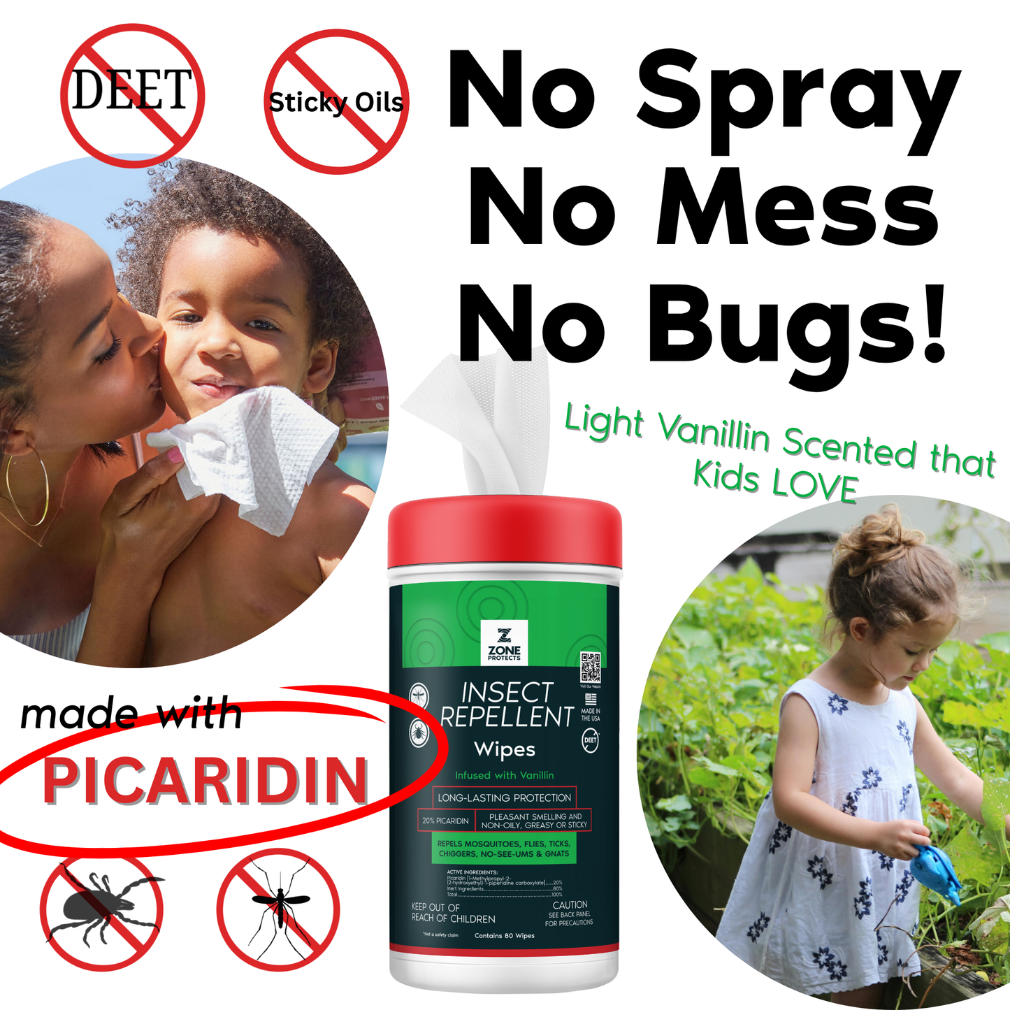 Insect repellent wipes container with red cap and green label, folded wipe shown