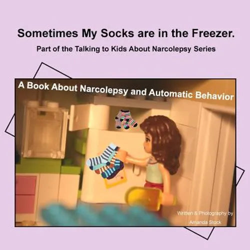 Narcolepsy paperback book cover with title text and illustrated character holding striped socks