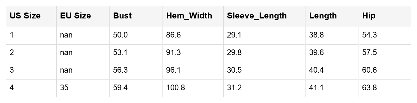 Size chart table with US/EU sizes and bust, hem width, sleeve, length, hip