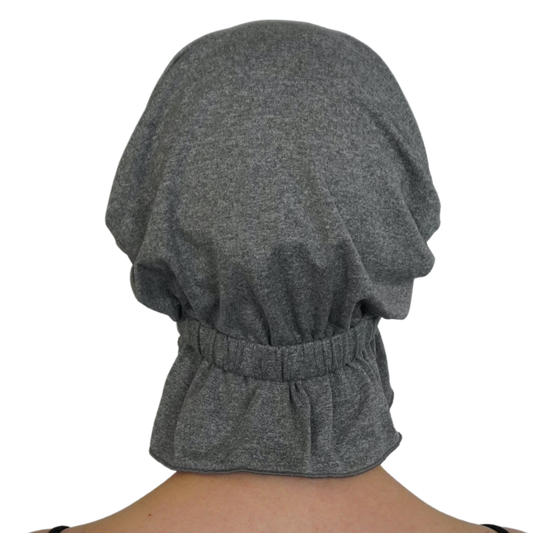 Gray chemo beanie with gathered band at neck and side drape