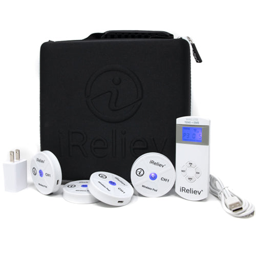 Hard carry case with iReliev logo, with control pods, remote, and charger accessories
