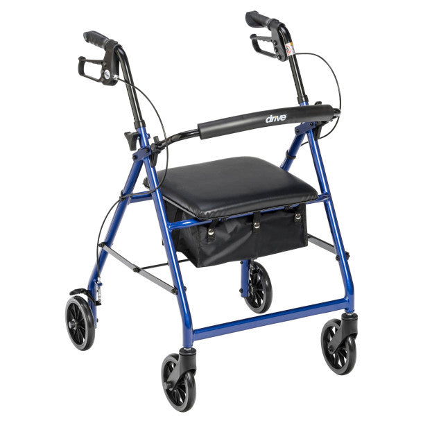 Blue rollator rolling walker with padded seat and fold-up removable back support