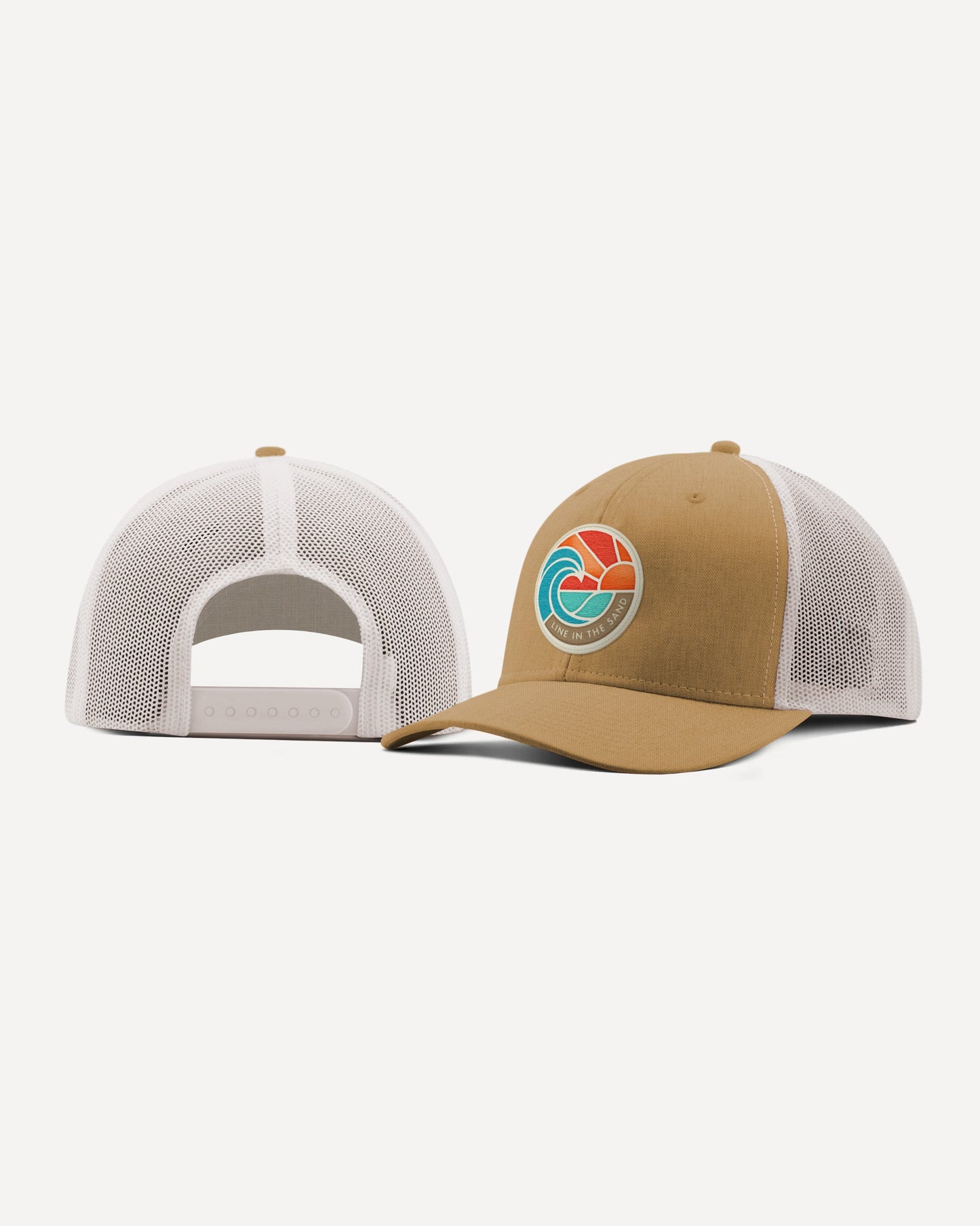 Tan and white mesh retro patch baseball caps, each with front circular emblem