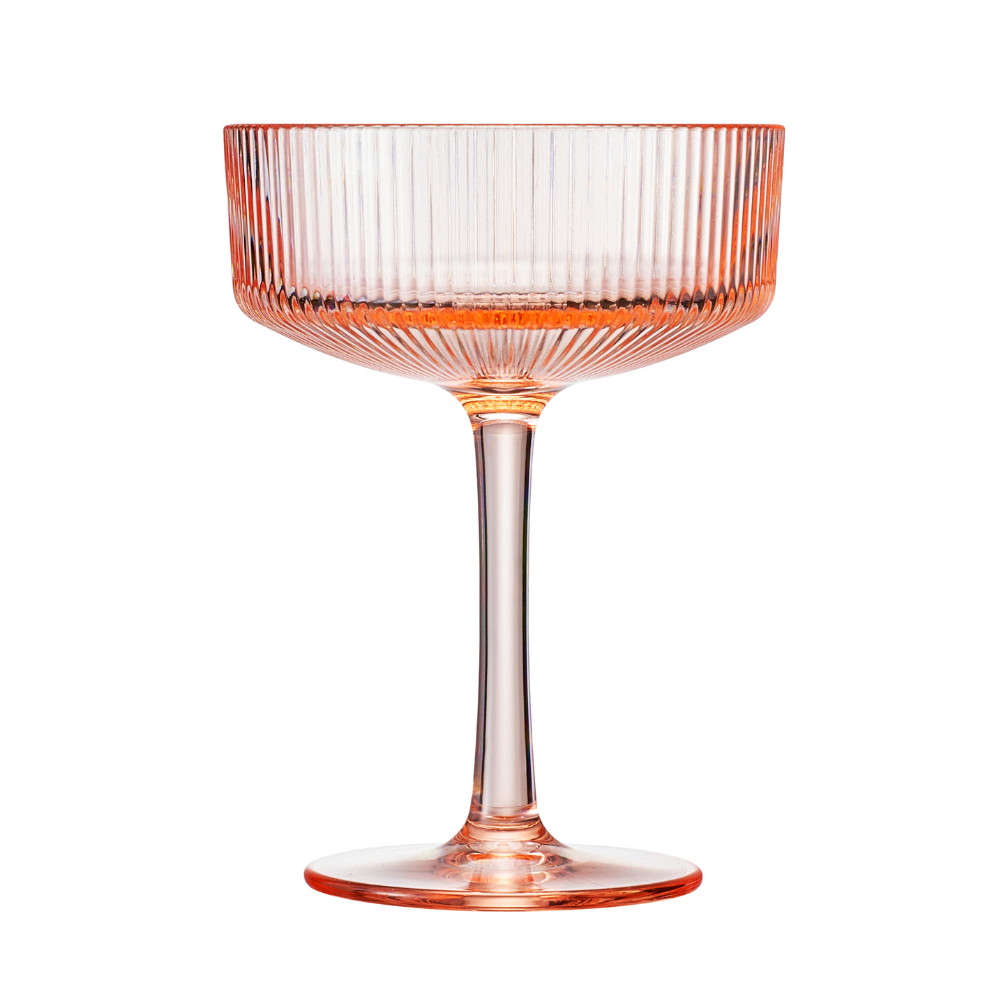 Champagne coupe cocktail glass with ribbed sides, amber-toned bowl and clear stem