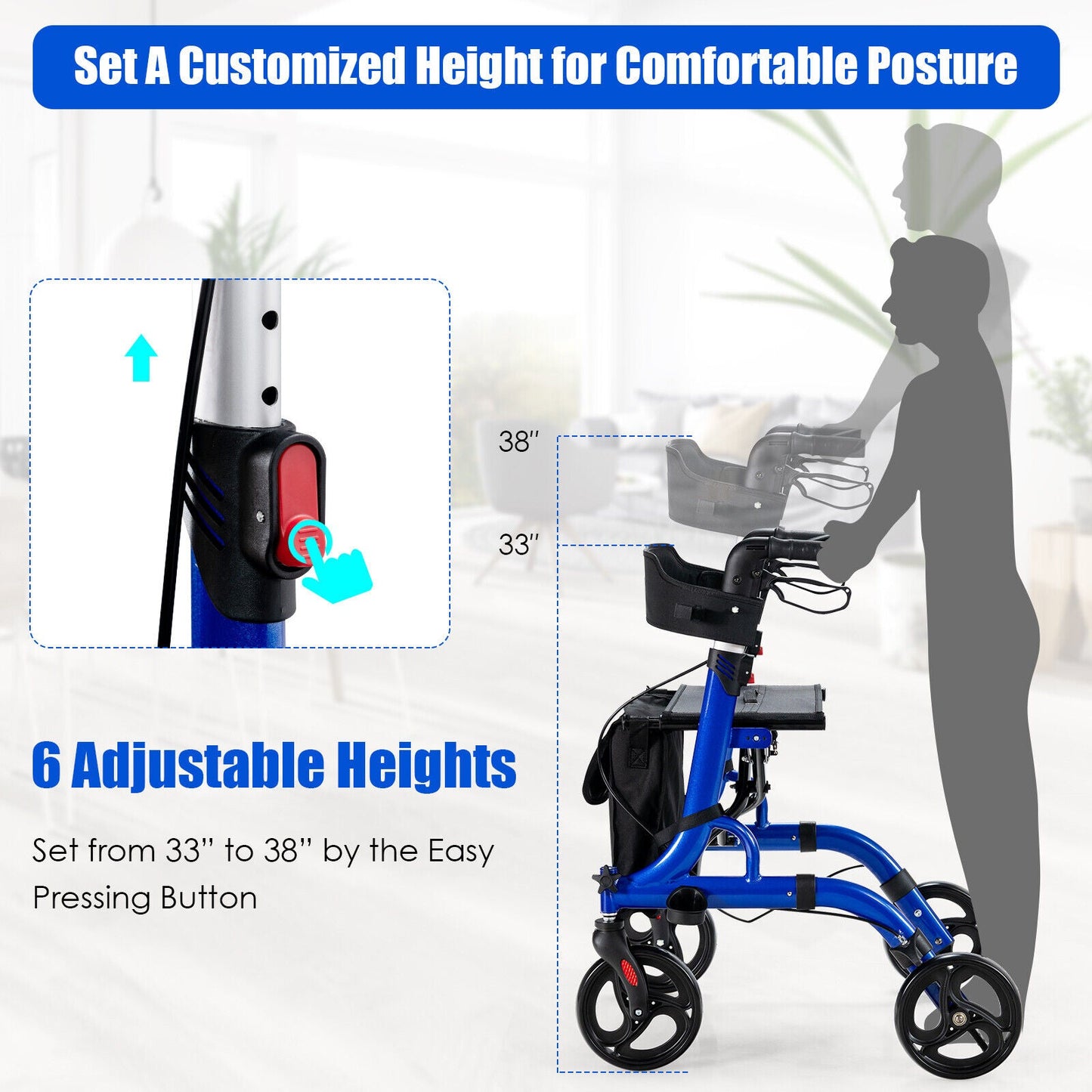 Blue walker with adjustable height feature on a white background