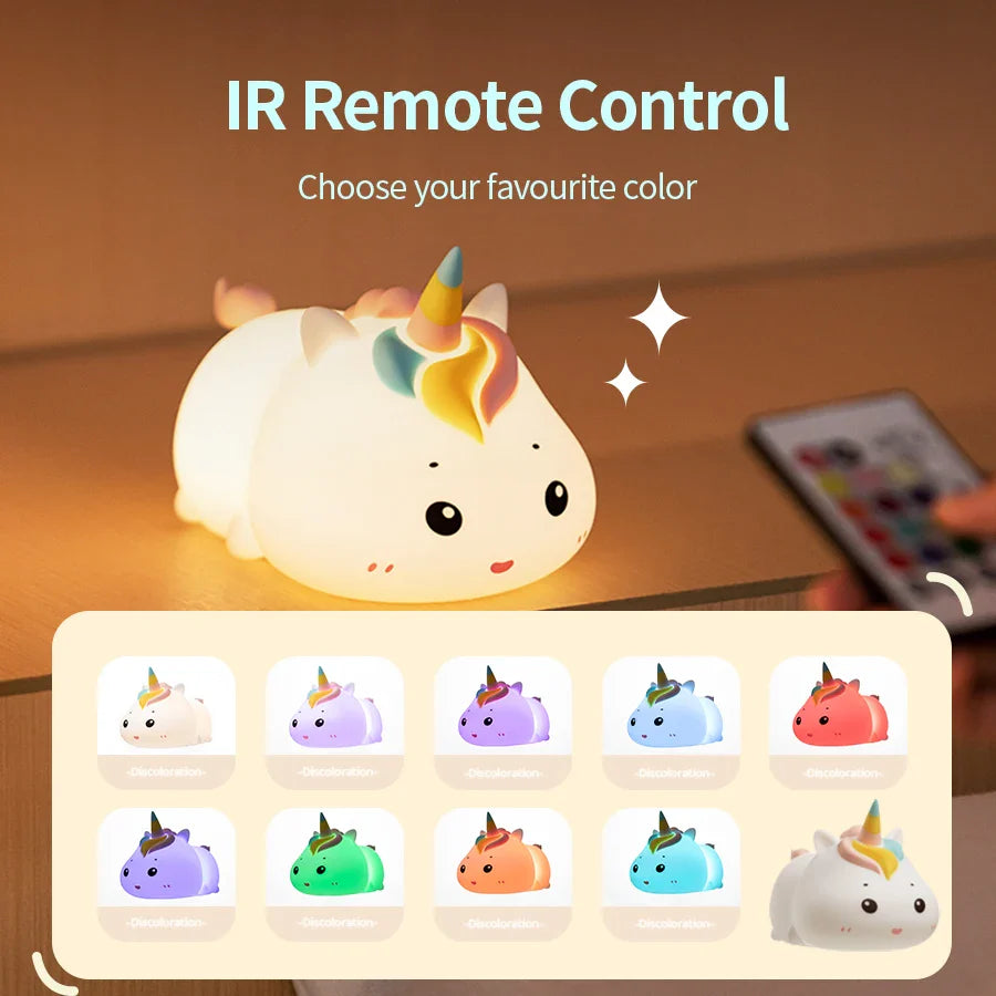 Unicorn night light with color-selection icons, glowing warm white light.