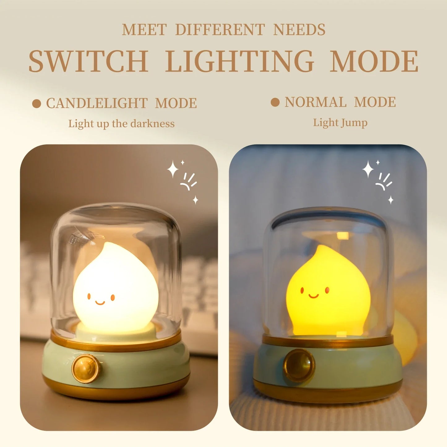 Green flame lantern night light with smiling glowing flame inside clear dome