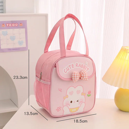 Pink insulated lunch bag with cute rabbit front pouch and bow detail
