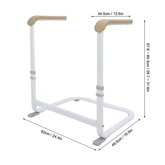 Standing aid with beige top grips and 6-step height adjustment collars on white frame