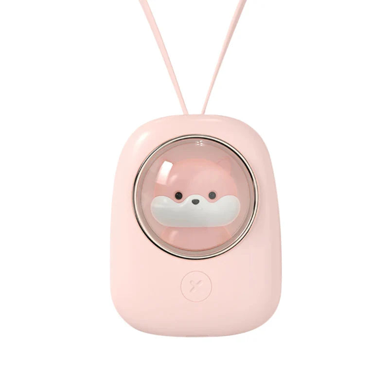 Pink neck fan with Shiba Inu cartoon in clear round window and pink strap