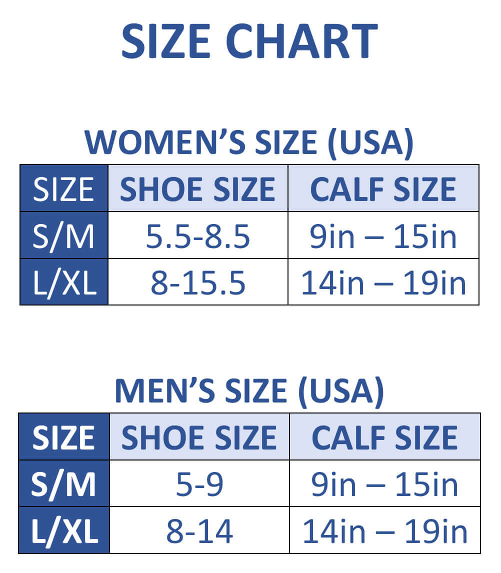 Size chart listing women’s and men’s shoe size and calf size ranges (S/M, L/XL)