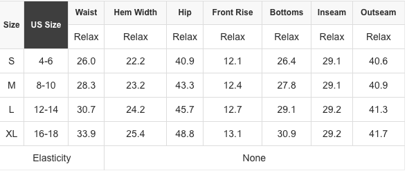 Size chart for loose pants: US sizes 4-6 to 16-18; inseam 26.4 to 30.9 in.