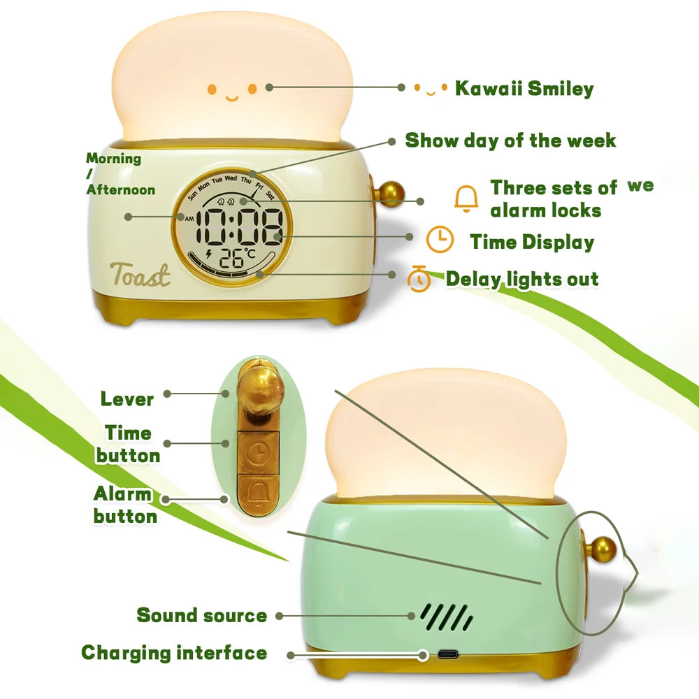 Mint green toaster night light alarm clock shown from side with round dial and knob