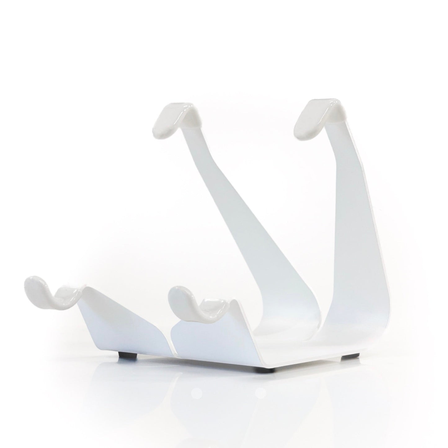White compact fixed-angle iPad stand with three cradle arms and base
