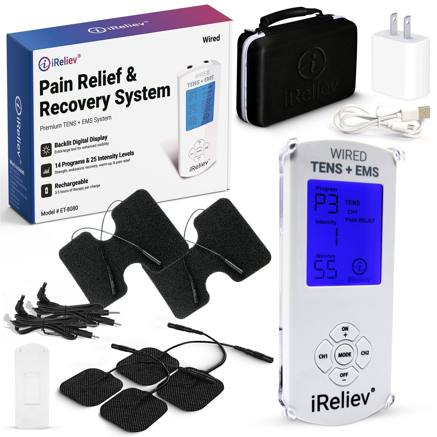 Pain relief system kit with iReliev wired TENS+EMS device, gel pads, cables, and case