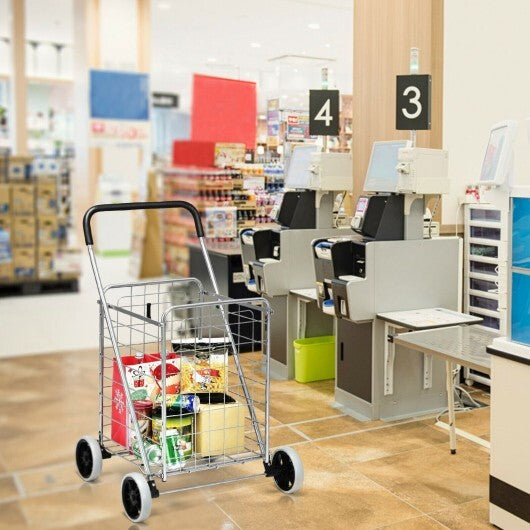 Silver portable shopping cart with wire basket and four wheels
