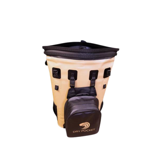 Waterproof floating backpack cooler, beige with black straps, includes front-mounted DRY POCKET
