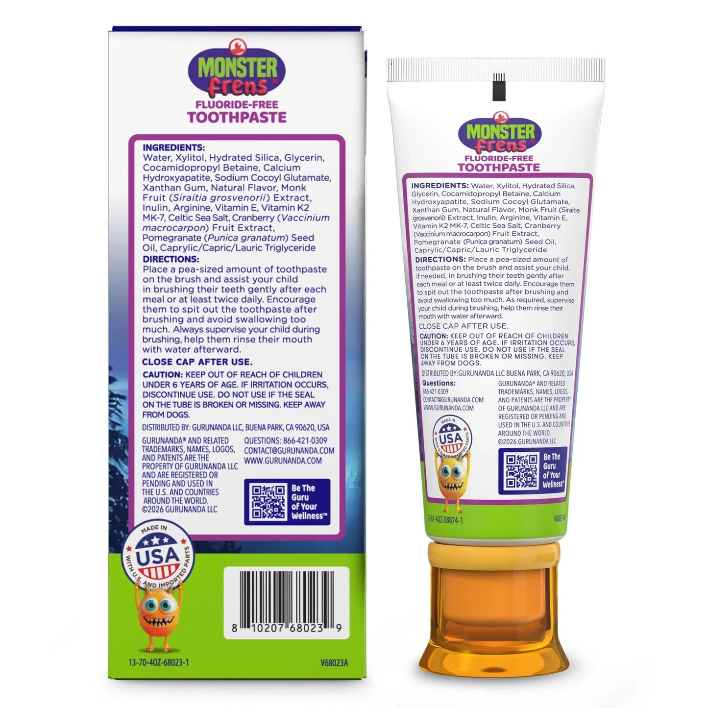 Kids fluoride-free toothpaste box back and squeeze tube, Monster Friends strawberry mango
