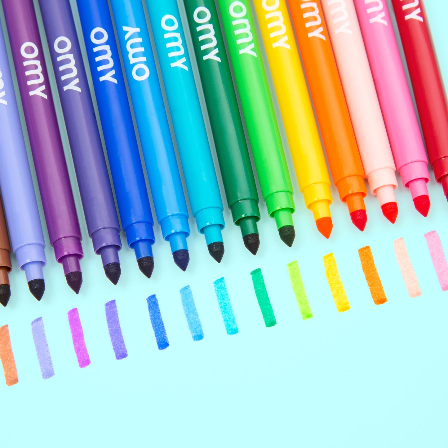 Row of multicolor ultra-washable markers with pointed tips